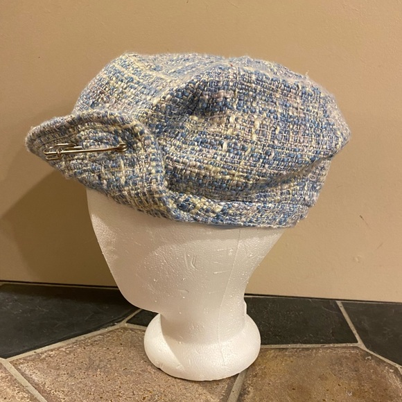 Y2K Tweed Bouclé Cadet Cap w/ Safety Pin Accent in Light Blue - Picture 2 of 6